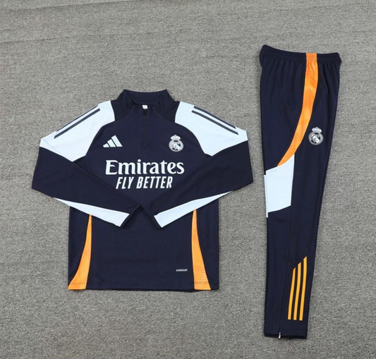 24/25 Real Madrid White/Navy Half Zipper Jacket + Long Pants