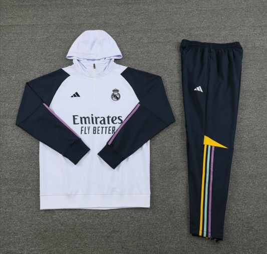 23/24 Real Madrid White Hoodie Half Zipper Jacket + Pants