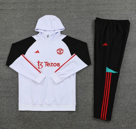 23/24 Manchester United White Hoodie Half Zipper Jacket + Pants