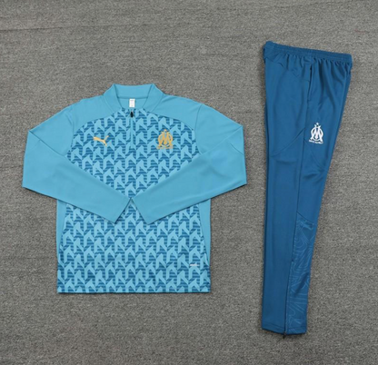 24/25 Olympique Marseille Blue Grid Half Zipper Jacket + Long Pants